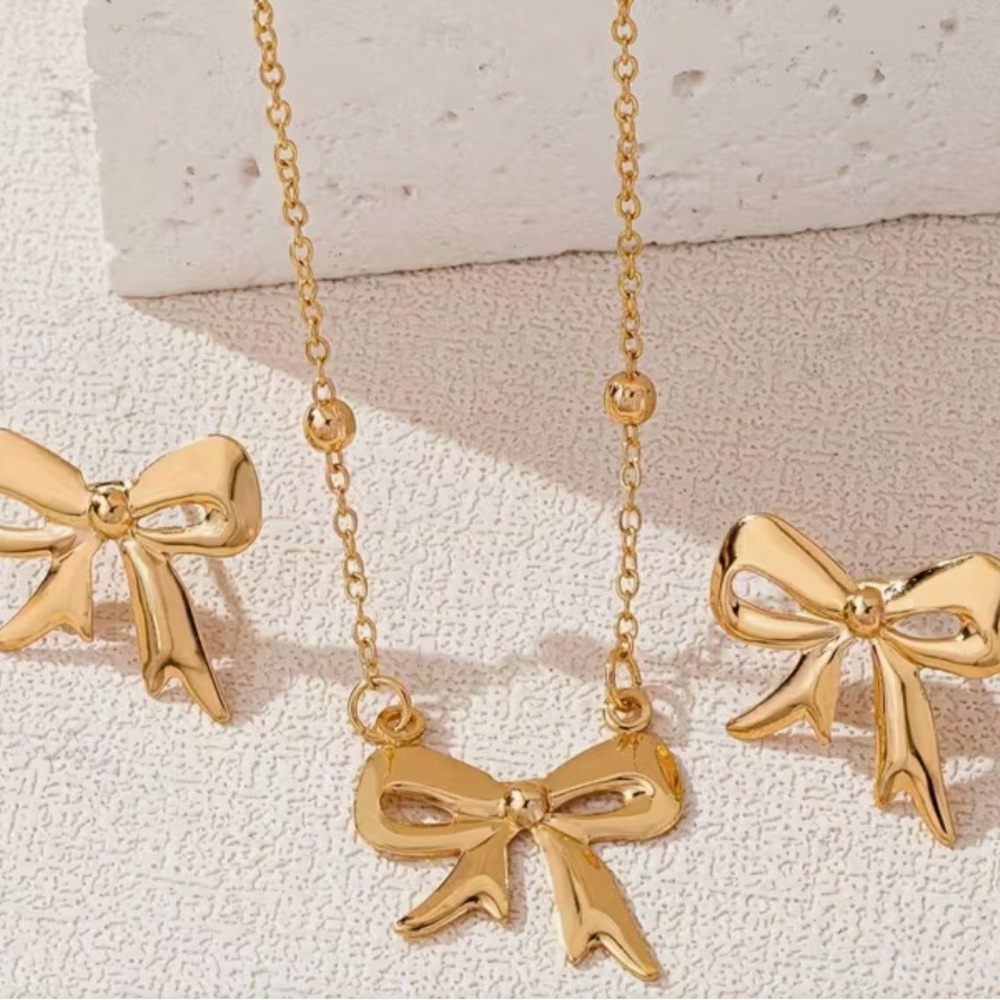 Gold Bow Necklace and Earrings Set